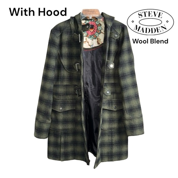 Steve Madden (EUC) Wool Blend Hooded Duffel Coat, Fully Lined Size Large - Picture 12 of 15